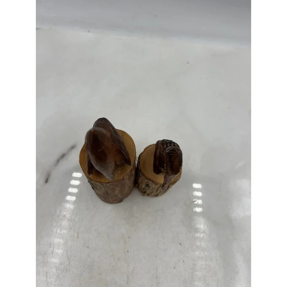 Hand Carved Wood Pelican Pair Figurines on Log Bases Rustic Coastal Folk Art
